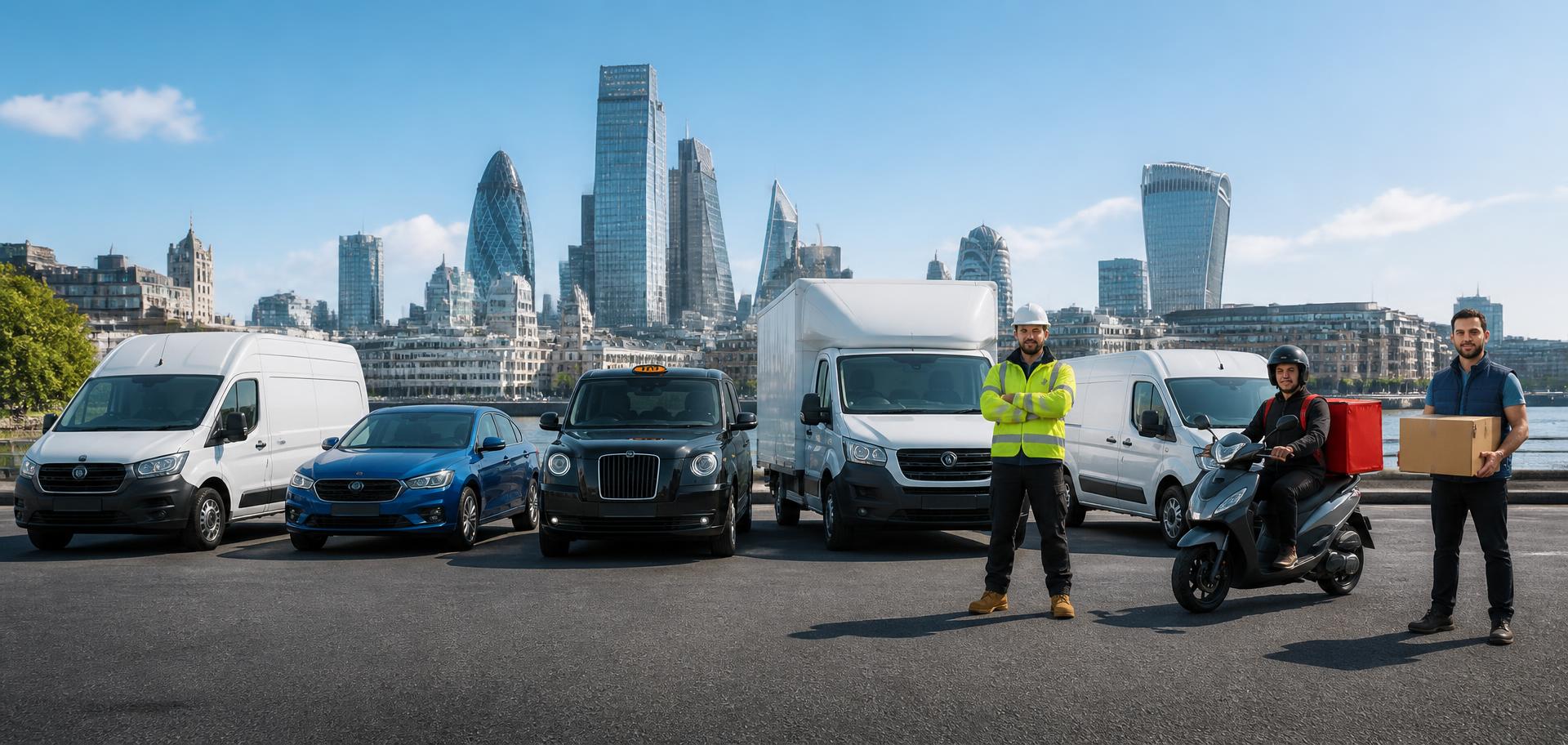 Vans, cars, a black taxi, a delivery rider and a courier lined up in front of a city skyline